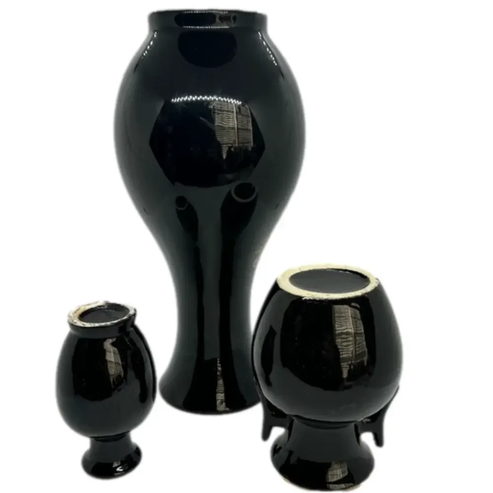 Vintage Japanese Set of 3 Black & Gold Assorted Vases with Golden Pheasant